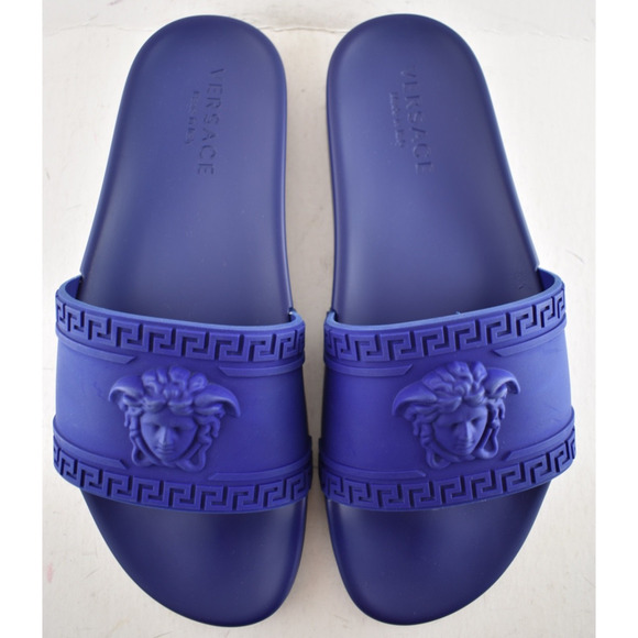 Versace Medusa Palazzo Blue Rubber Logo Slide Pool Sandal Flip Flop Flat 44 11